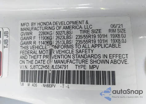 2021 Acura Rdx Technology Package z USA, uszkodzony, nr VIN 5J8TC2H58ML034791